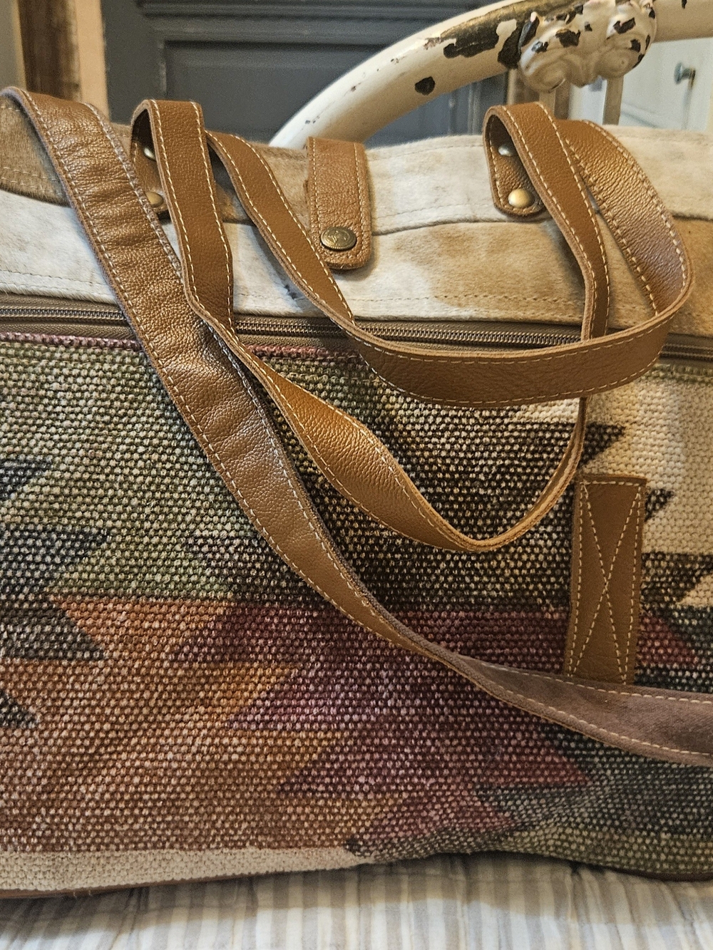 Myra Bag Tan and Multicolor Woven Tote with Leather Straps